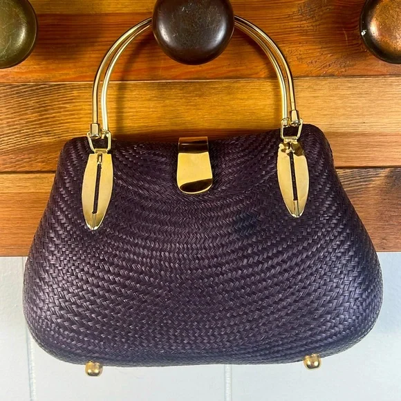 Desenyo Buntal hard form mini clutch handbag purple w/gold color accents - Picture 5 of 13